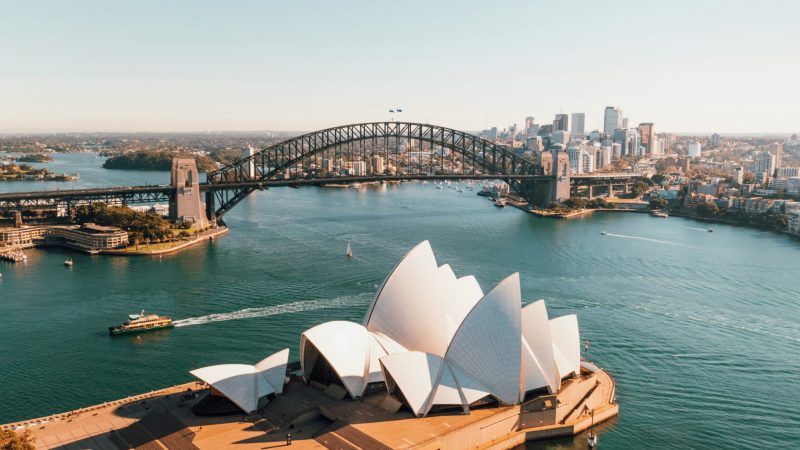 Aerial view of Sydney Opera House and Harbour Bridge with city skyline and waterfront, ideal for a connected jobsite event.