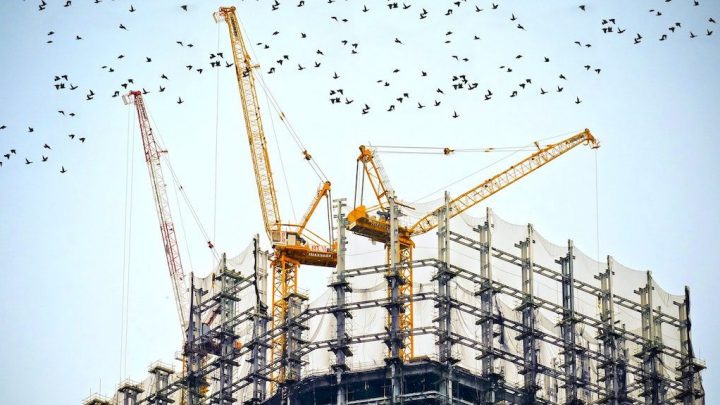 A flock of birds flies above a high-rise under construction with scaffolding and three cranes, highlighting a connected jobsite.