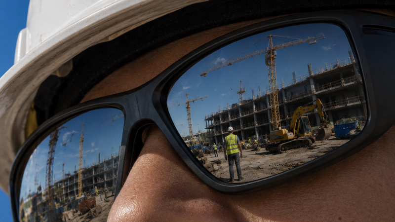 A construction site reflected in a worker’s sunglasses, highlighting a connected jobsite.