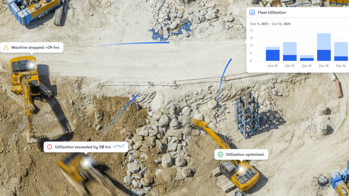 Aerial view of a construction site with three excavators and digital fleet utilization overlays for construction equipment tracking.
