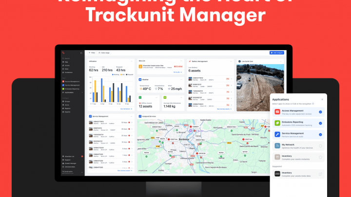 A monitor shows the updated Trackunit Manager interface with charts, map, and data for fleet management. Text reads the new slogan.