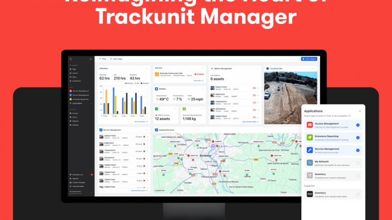 A monitor shows the updated Trackunit Manager interface with charts, map, and data for fleet management. Text reads the new slogan.