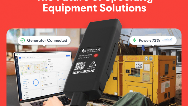 Promotional image for TU700 shows a tracking device, laptop with generator stats, and a yellow generator, highlighting construction IoT.