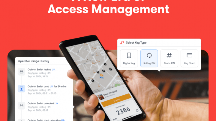 A hand holds a smartphone with a digital key interface and map; nearby app screens show access logs—ideal for construction IoT.