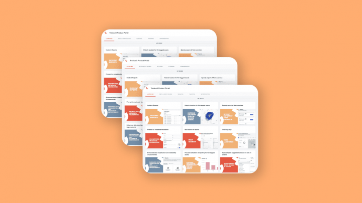 Three overlapping website dashboard screenshots with infographic cards and charts, on an orange background, for fleet management.