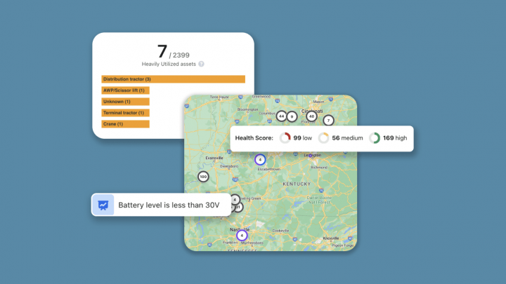 Dashboard showing asset utilization and health on a Kentucky-Tennessee map with pop-ups for status alerts; construction IoT.