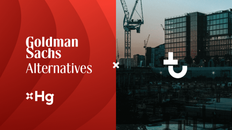A split image with company logos on red and a sunset construction site featuring cranes and buildings, highlighting construction IoT.