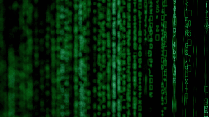 Green Matrix-style digital code streams down a black screen, evoking advanced telematics and a futuristic fleet management vibe.