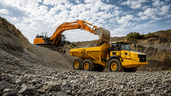 An excavator loads gravel into a yellow dump truck at a quarry, with mounds of rocks nearby—fleet management in action.