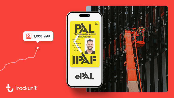 A smartphone shows a digital ePAL card with a man's photo; nearby, a worker uses an orange lift. A graph and Trackunit logo are visible.