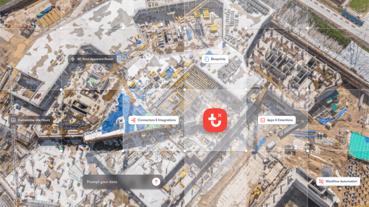Aerial view of a busy construction site with icons and labels showing interconnected workflow features on a connected jobsite.