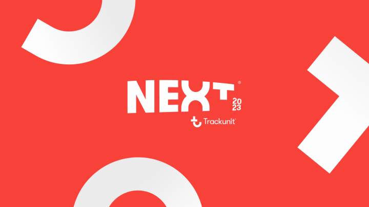 Bold white text "NEXT 2023" and the Trackunit logo are centered on a red background with arrow and circular accents.