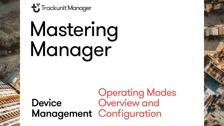 Presentation slide titled Mastering Manager with device management topics, over an aerial view of a construction site, highlighting telematics.