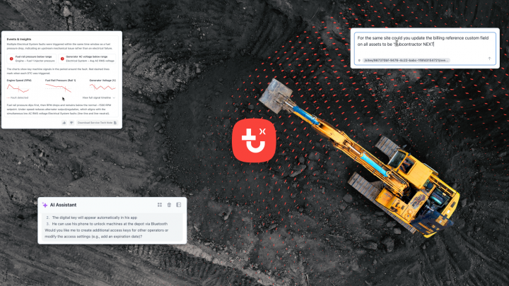 Overhead view of a yellow excavator on dark soil with digital interface boxes and a red unplug icon, highlighting fleet management.