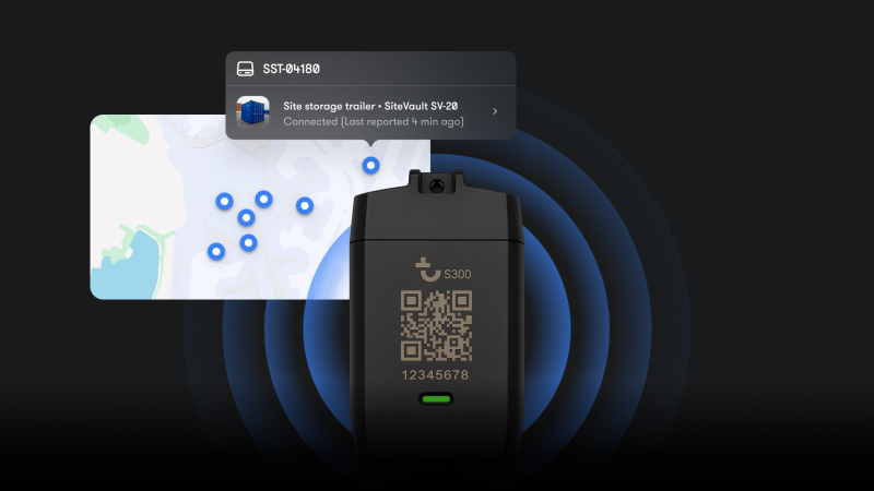 A black Trackunit IrisX MCP tracking device with a QR code appears in front of a stylized map featuring blue location markers and a pop-up for a connected site storage trailer. Blue circles radiate from the device, highlighting construction equipment tracking.