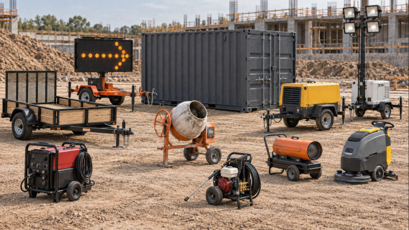 Construction equipment like a cement mixer, light tower, arrow sign, trailers, and generators on a dirt lot with a building under construction in the background, illustrating construction equipment tracking.