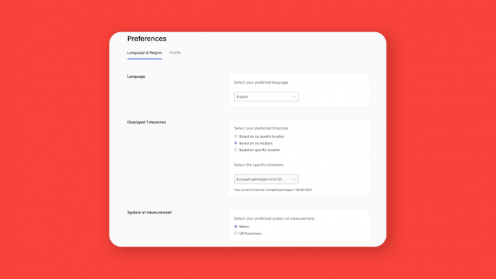 A Preferences settings page with language, timezone, and measurement options for fleet management on a white card over a red background.