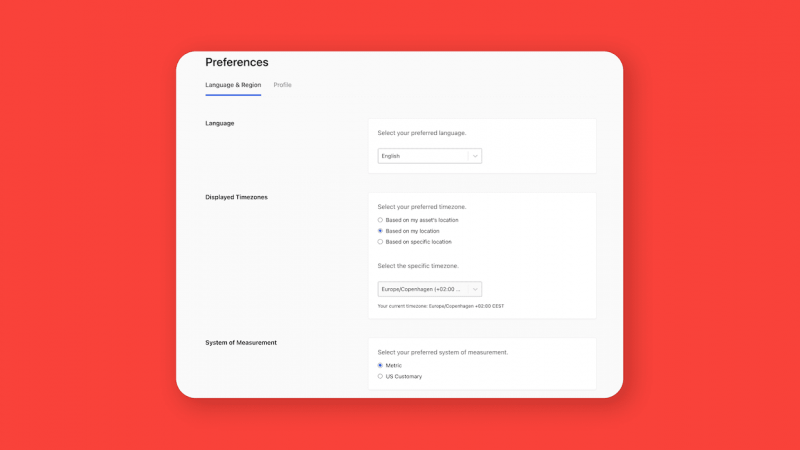 A Preferences settings page with language, timezone, and measurement options for fleet management on a white card over a red background.