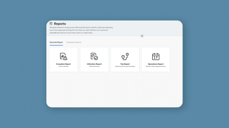 A Reports dashboard displays four report options with icons on a blue background, related to construction equipment tracking.