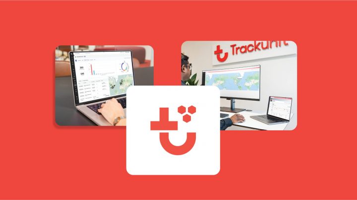 Collage of laptops and monitors showing data dashboards with the Trackunit logo centered on a red background, highlighting updates.