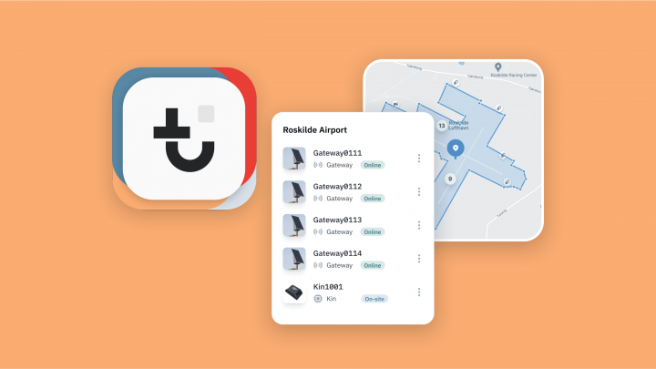 Dashboard shows product updates, gateways at Rockslide Airport, an airport map, and a smiley app icon on orange—fleet management.