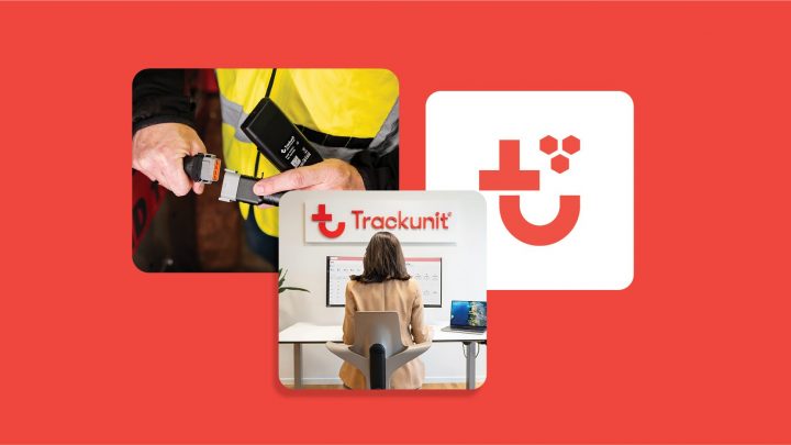 A collage shows someone buckling a safety belt, a woman at a desk with the Trackunit logo, and the logo on a red background.