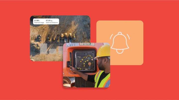 Three images on a red background: construction vehicles from above, a worker operating machinery, and a bell icon for product updates in fleet management.