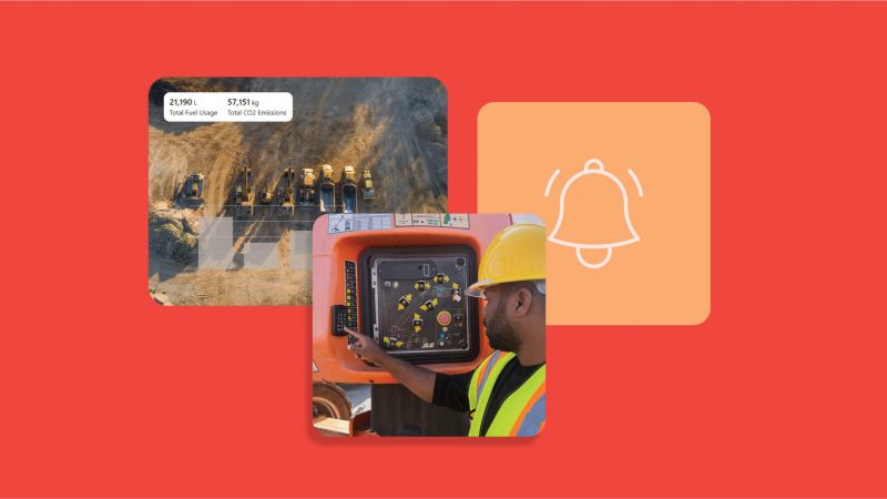 Three images on a red background: construction vehicles from above, a worker operating machinery, and a bell icon for product updates in fleet management.