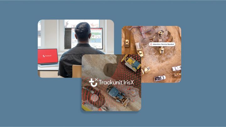 Three images: a person using Trackunit software, construction vehicles viewed overhead, and a site scene with the IrisX logo on blue.