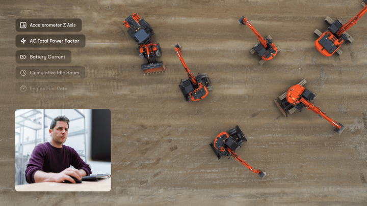 Aerial view of six orange excavators on dirt, inset shows man at computer, with equipment metrics shown—highlighting fleet management.