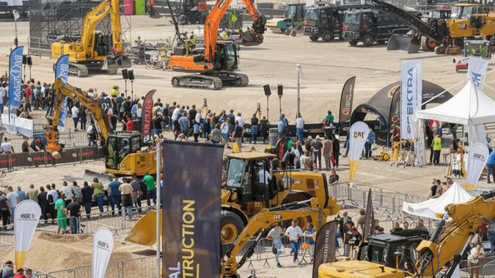An outdoor construction expo with excavators, heavy machinery, Digital Construction Site banners, and Trackunit's IrisX for construction IoT.