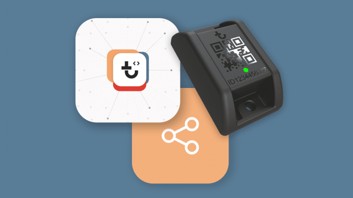 A black USB device with a QR code and ID number sits atop network and sharing icons on blue, suggesting construction equipment tracking.