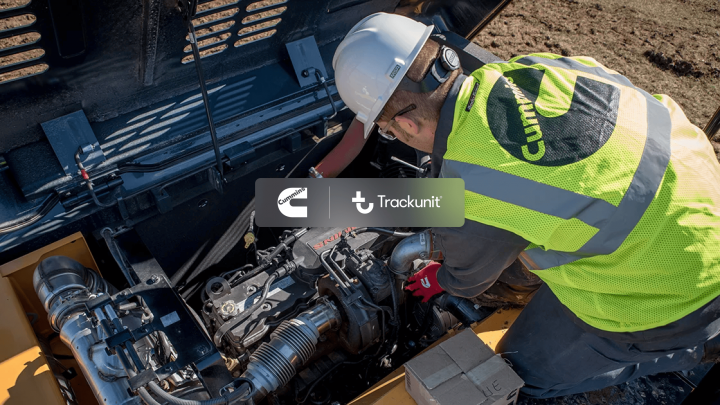 A worker in a safety vest and helmet repairs machinery outdoors, using advanced connectivity from IrisX. Cummins and Trackunit logos are displayed in the center.