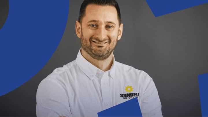 A man in a white Sunbelt Rentals shirt smiles at the camera, with a gray background and blue shapes, suggesting fleet management.