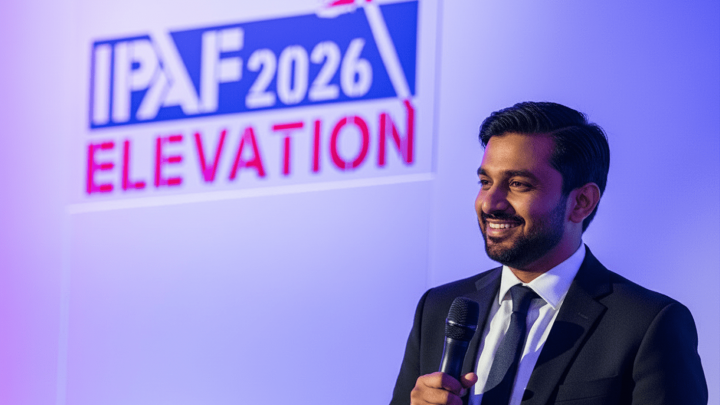 A man in a suit smiles holding a microphone in front of an IPAF ELEVATION UK 2026 sign, with purple and white lighting, at a fleet management event.
