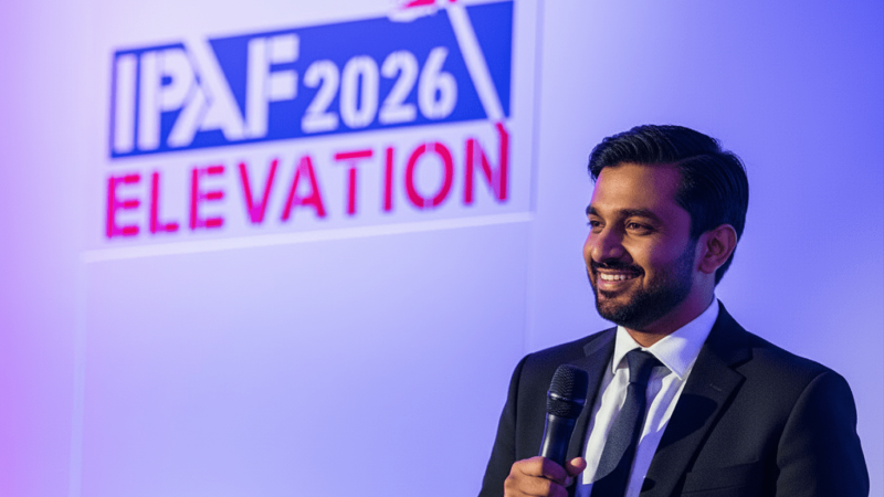 A man in a suit smiles holding a microphone in front of an IPAF ELEVATION UK 2026 sign, with purple and white lighting, at a fleet management event.