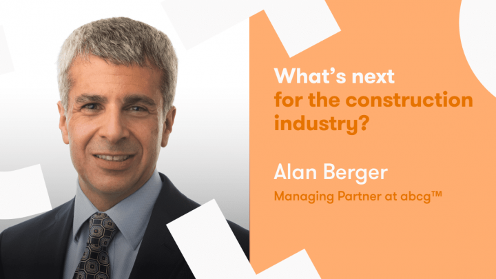 A man in a suit smiles at the camera with text about inclusion in construction, Alan Berger, and an orange abstract background.