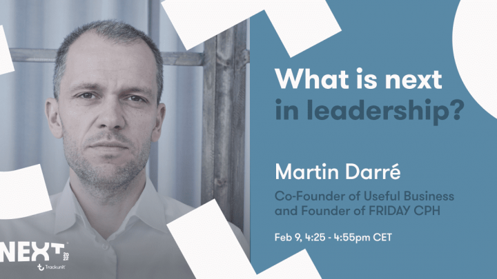 NEXT22 promo with Martin Darré’s photo left, event details on leadership, Feb 9, 4:25–4:55pm CET. Connected jobsite.