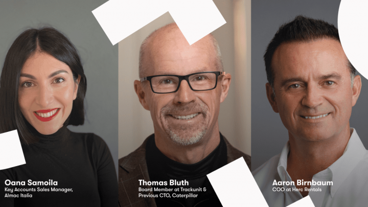Three smiling professionals—Oana Samoila, Thomas Bluth, and Aaron Birnbaum—shown in headshots with titles; focus on construction IoT.