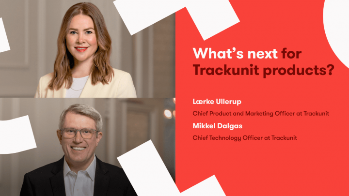 A woman and a man on a Trackunit graphic with red and white shapes, discussing what’s next in construction equipment tracking.