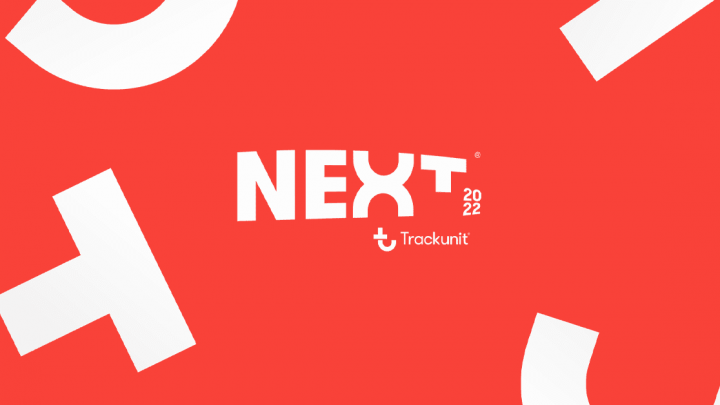 White text "NEXT 2022 Trackunit" on bright red with abstract white shapes; relates to construction IoT.