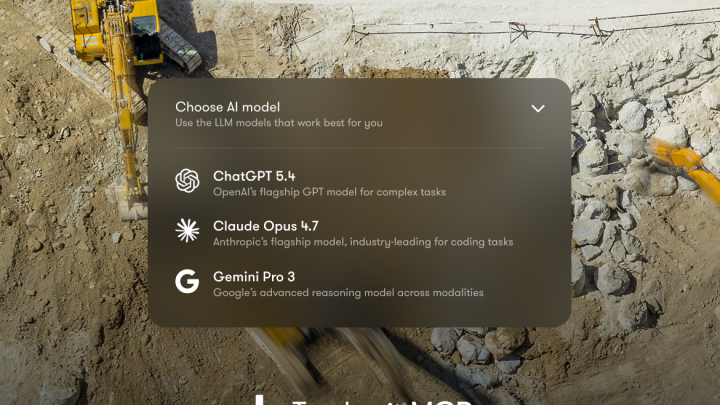 Aerial view of construction vehicles with fleet intelligence; overlay menu for AI models, Trackunit MCP logo at the bottom.