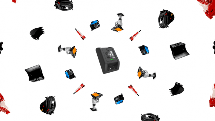 Heavy equipment attachments and control panels for construction equipment tracking arranged in a circle on a white background.