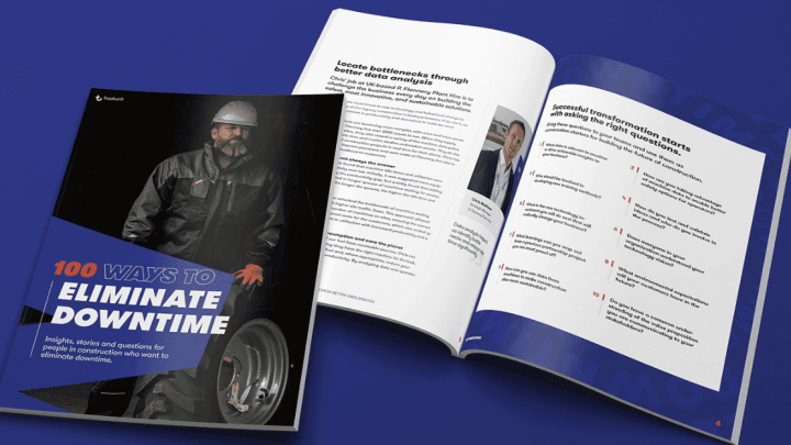 Two booklets, one closed and one open, featuring construction gear and tips for reducing downtime in construction equipment tracking.