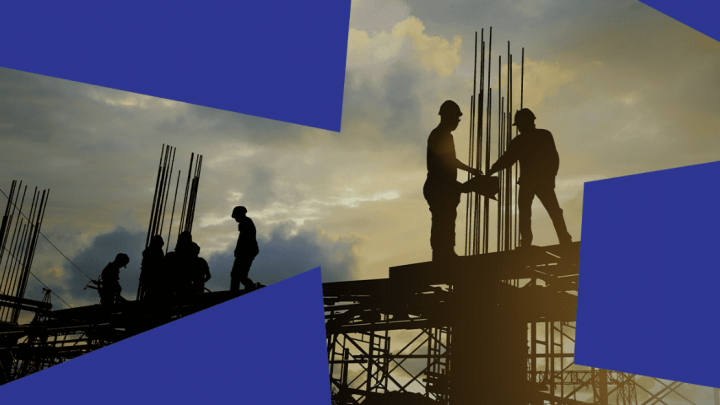 Silhouetted workers on scaffolding at sunset with metal rods, cloudy sky, and blue geometric framing; connected jobsite concept.