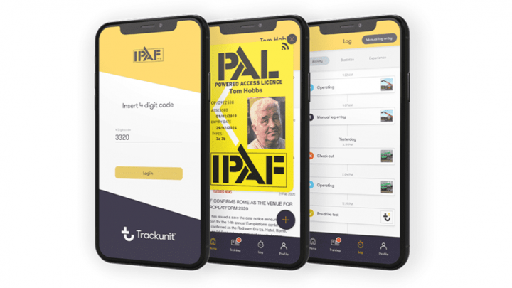 Three smartphones show IPAF app screens for access, a digital license, and an activity log in a yellow, black, and white theme for construction.