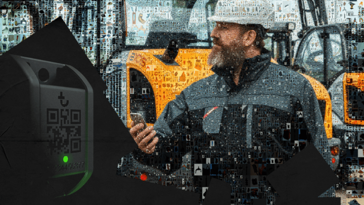 A man in work gear stands by large construction vehicles, holding a device. Foreground shows a QR code—construction equipment tracking.