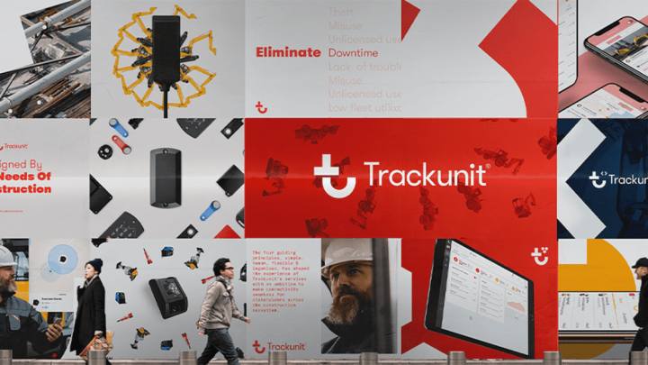 Collage of Trackunit ads with construction equipment, branding, downtime messaging, and people passing by. Red, white, black colors. Construction IoT.