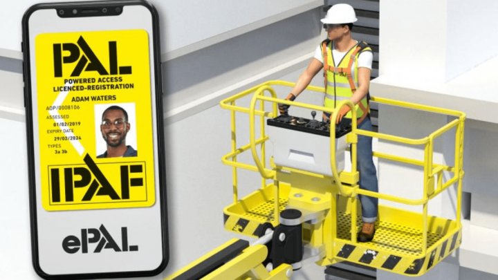 A digital IPAF operator license on a smartphone beside a construction worker using a yellow mobile lift, highlighting fleet management.