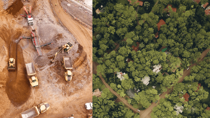 Aerial split view: construction vehicles with telematics on a dusty site beside a green, tree-lined neighborhood with winding roads.